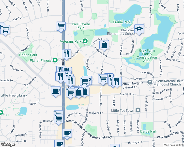 map of restaurants, bars, coffee shops, grocery stores, and more near 111 Stirling Lane in Schaumburg