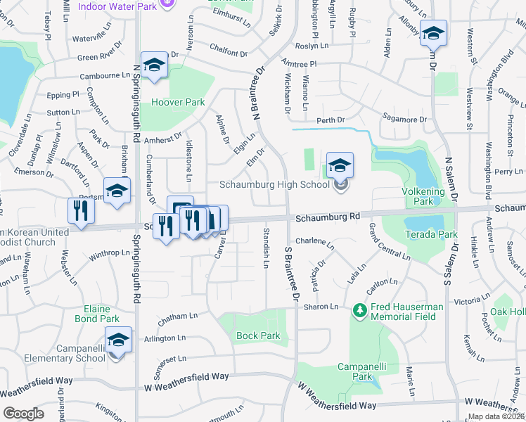 map of restaurants, bars, coffee shops, grocery stores, and more near 1231 Tyburn Drive in Schaumburg