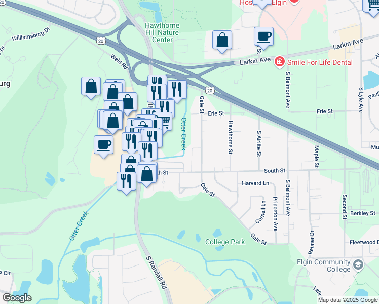map of restaurants, bars, coffee shops, grocery stores, and more near 266 Nautical Way in Elgin