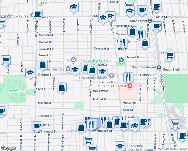 map of restaurants, bars, coffee shops, grocery stores, and more near 1221 Oakton Street in Evanston