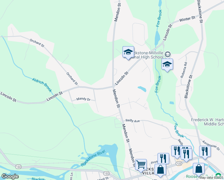map of restaurants, bars, coffee shops, grocery stores, and more near 107 Mendon Street in Blackstone