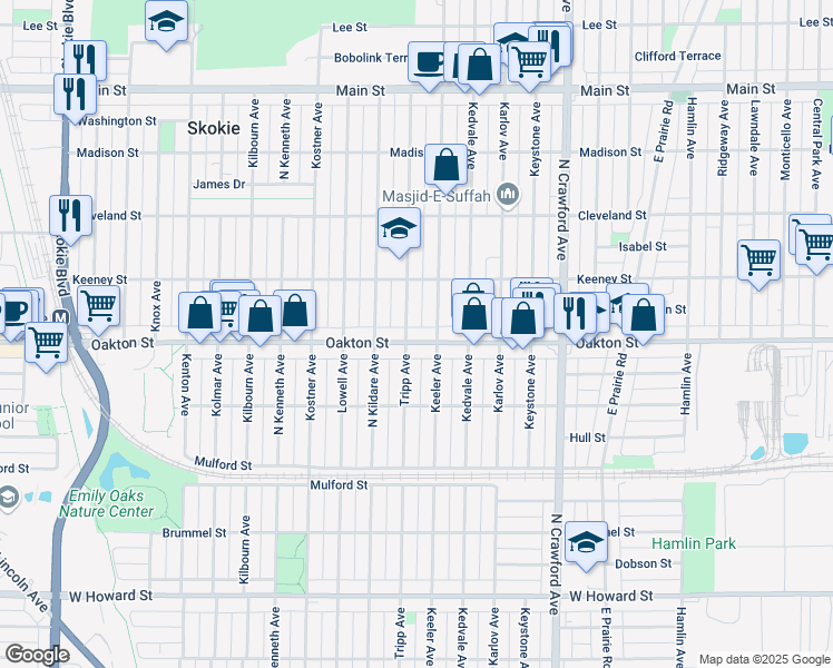 map of restaurants, bars, coffee shops, grocery stores, and more near 8022 Keeler Avenue in Skokie