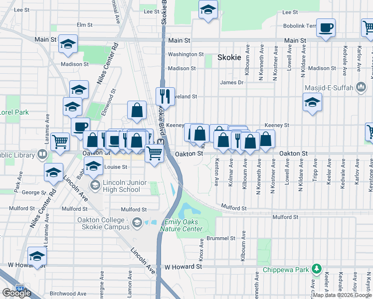 map of restaurants, bars, coffee shops, grocery stores, and more near 8020 Kilpatrick Avenue in Skokie