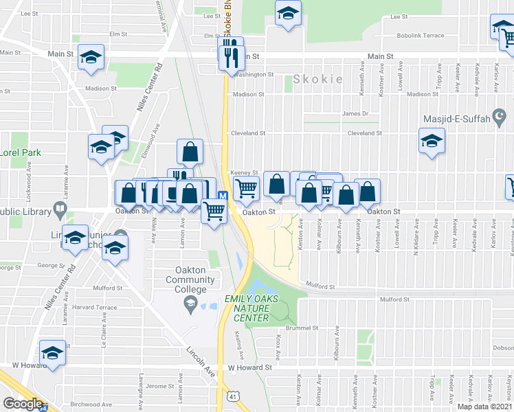 map of restaurants, bars, coffee shops, grocery stores, and more near 8020 Kilpatrick Avenue in Skokie