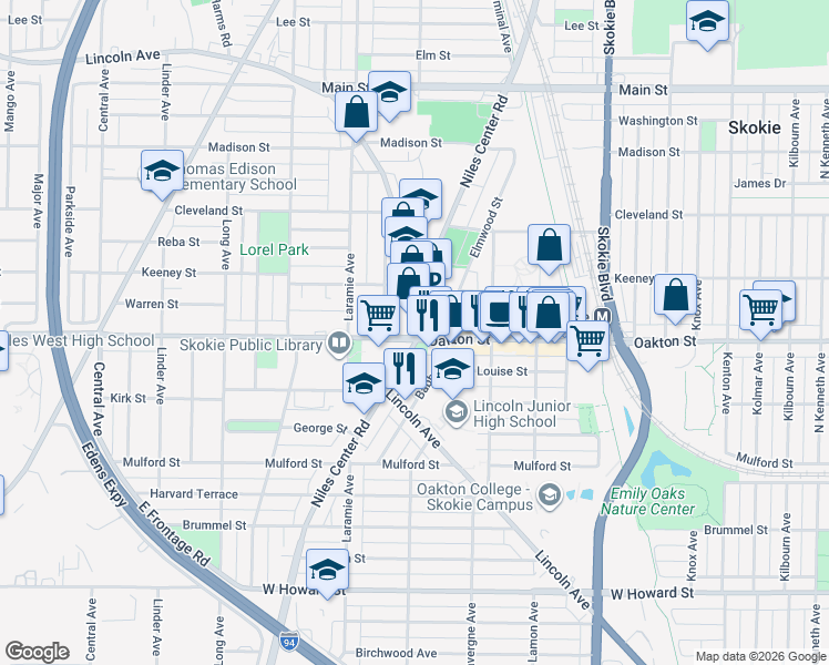 map of restaurants, bars, coffee shops, grocery stores, and more near in Skokie
