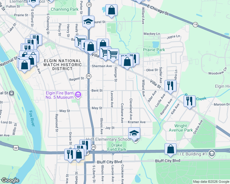 map of restaurants, bars, coffee shops, grocery stores, and more near 689 Bent Street in Elgin