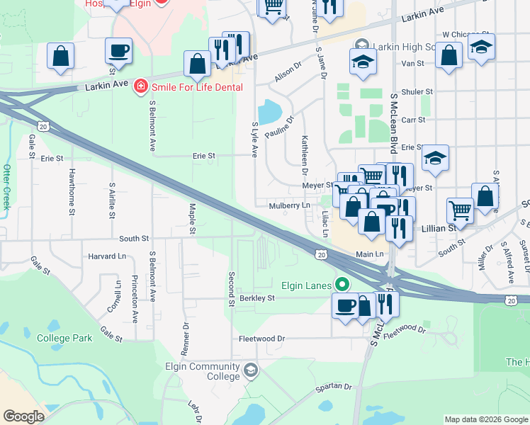 map of restaurants, bars, coffee shops, grocery stores, and more near 255 South Lyle Avenue in Elgin