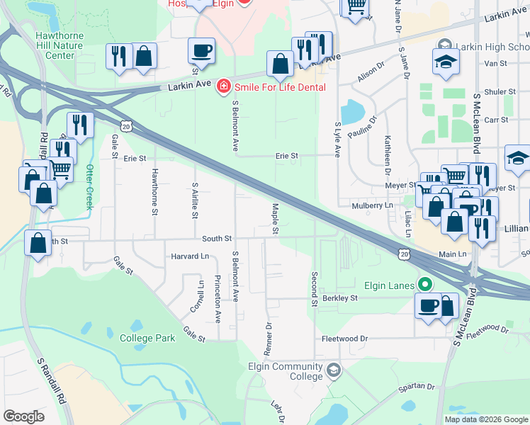 map of restaurants, bars, coffee shops, grocery stores, and more near 10N856 Maple Street in Elgin