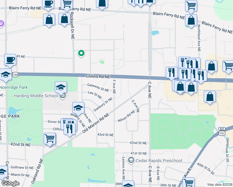 map of restaurants, bars, coffee shops, grocery stores, and more near 4726-4730 Danbury Street Northeast in Cedar Rapids