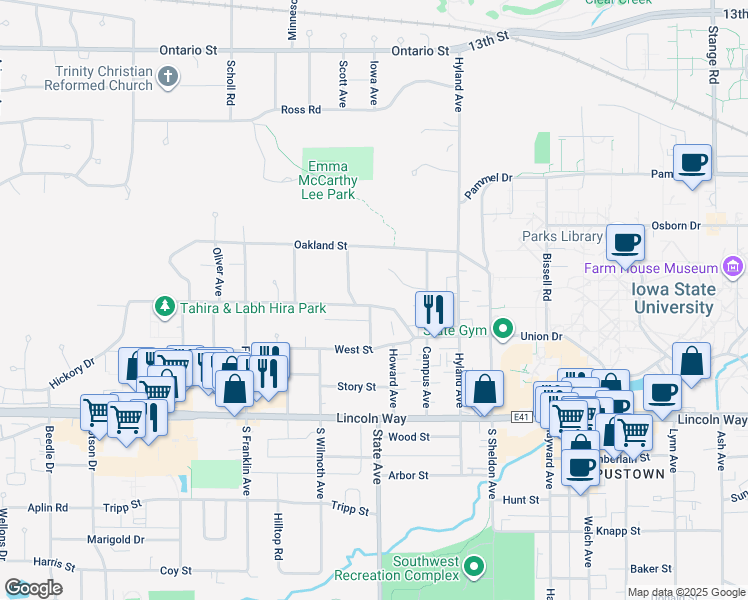 map of restaurants, bars, coffee shops, grocery stores, and more near 520 Forest Glen Street in Ames