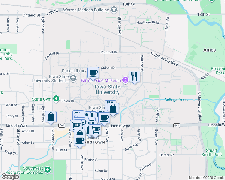 map of restaurants, bars, coffee shops, grocery stores, and more near 211 lowa state university in Ames