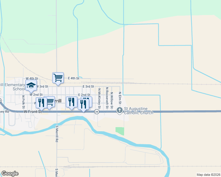 map of restaurants, bars, coffee shops, grocery stores, and more near 304 North Willow Street in Merrill