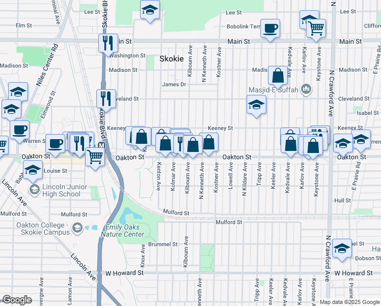 map of restaurants, bars, coffee shops, grocery stores, and more near 8026 Kenneth Avenue in Skokie