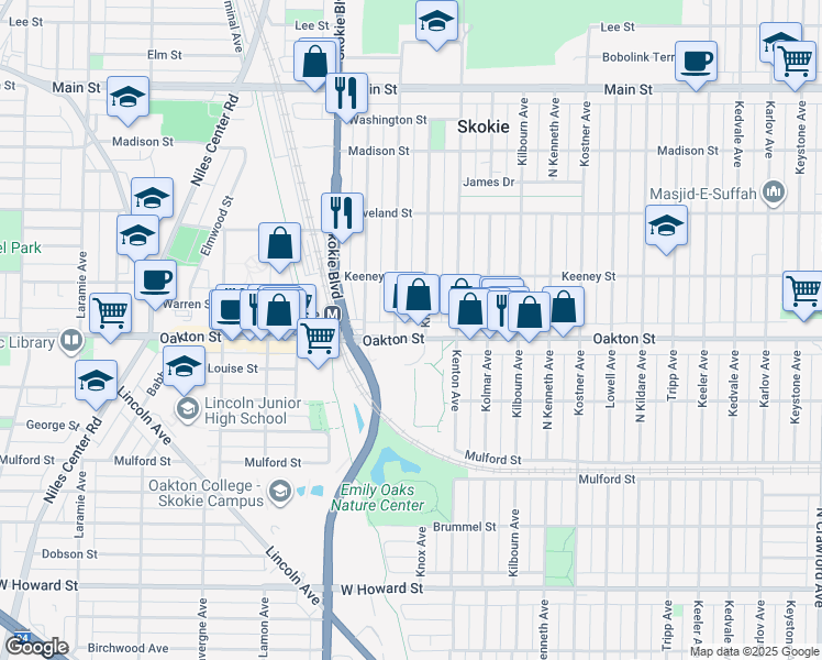 map of restaurants, bars, coffee shops, grocery stores, and more near 8047 Kilpatrick Avenue in Skokie
