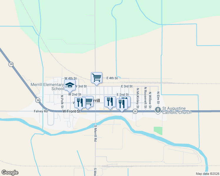 map of restaurants, bars, coffee shops, grocery stores, and more near 309 East 3rd Street in Merrill