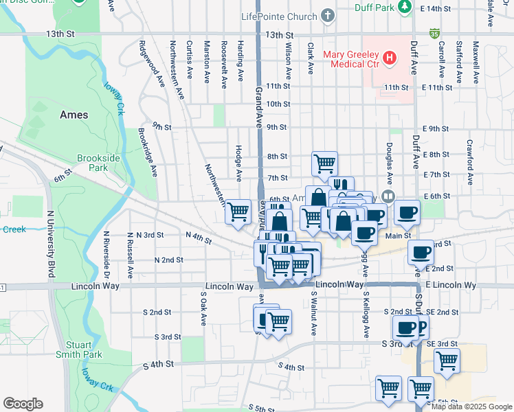 map of restaurants, bars, coffee shops, grocery stores, and more near 517 Grand Avenue in Ames