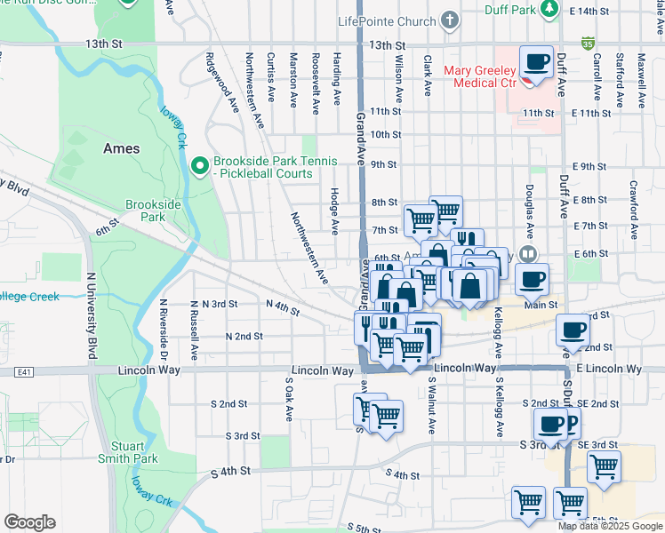 map of restaurants, bars, coffee shops, grocery stores, and more near 802 6th Street in Ames
