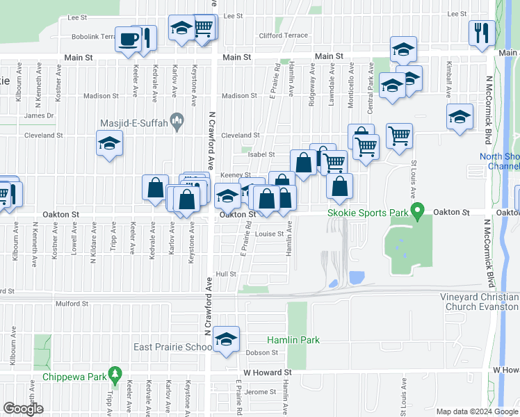 map of restaurants, bars, coffee shops, grocery stores, and more near 3856 Oakton Street in Skokie