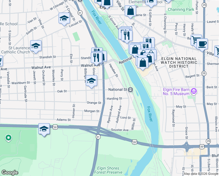 map of restaurants, bars, coffee shops, grocery stores, and more near 365 South State Street in Elgin