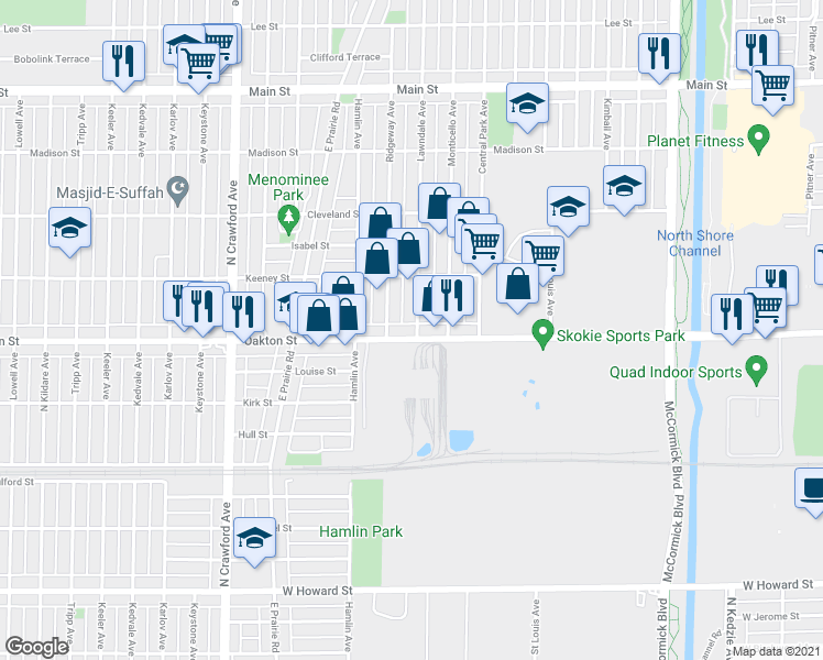 map of restaurants, bars, coffee shops, grocery stores, and more near 8020 Lawndale Avenue in Skokie