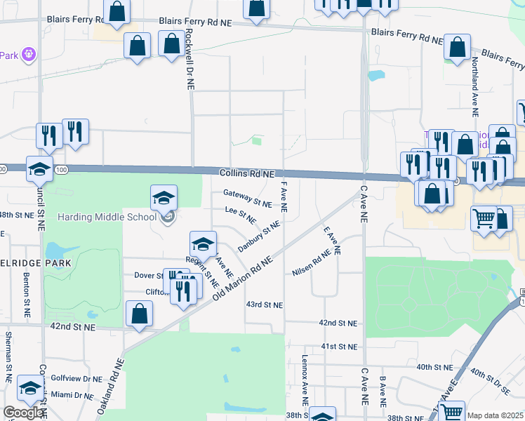 map of restaurants, bars, coffee shops, grocery stores, and more near 719 Gateway Street Northeast in Cedar Rapids