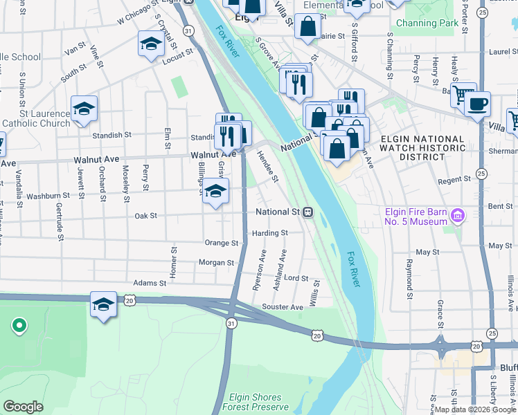 map of restaurants, bars, coffee shops, grocery stores, and more near 365 South State Street in Elgin