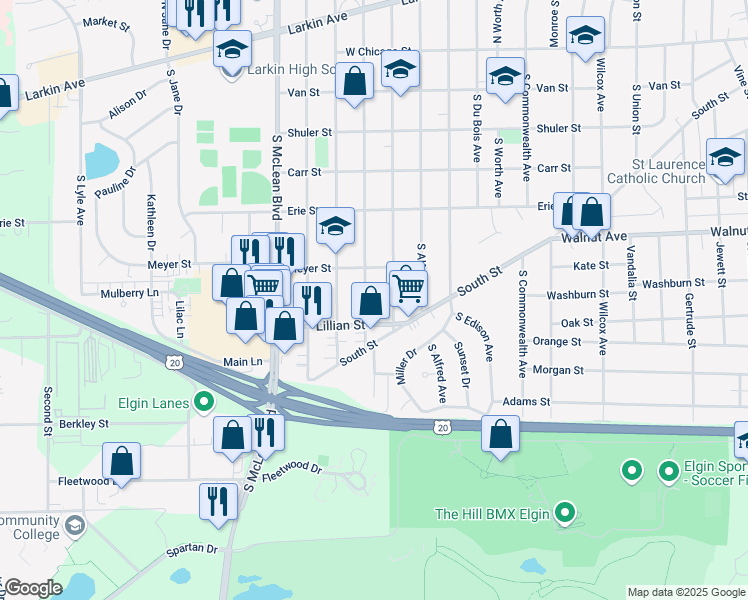 map of restaurants, bars, coffee shops, grocery stores, and more near 273 South Melrose Avenue in Elgin