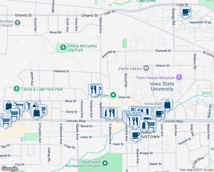 map of restaurants, bars, coffee shops, grocery stores, and more near in Ames