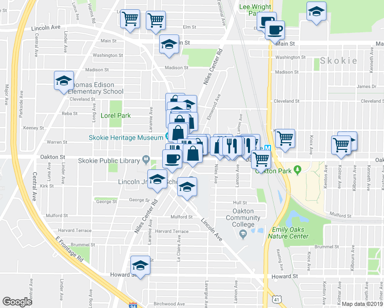map of restaurants, bars, coffee shops, grocery stores, and more near 8001 Lincoln Avenue in Skokie