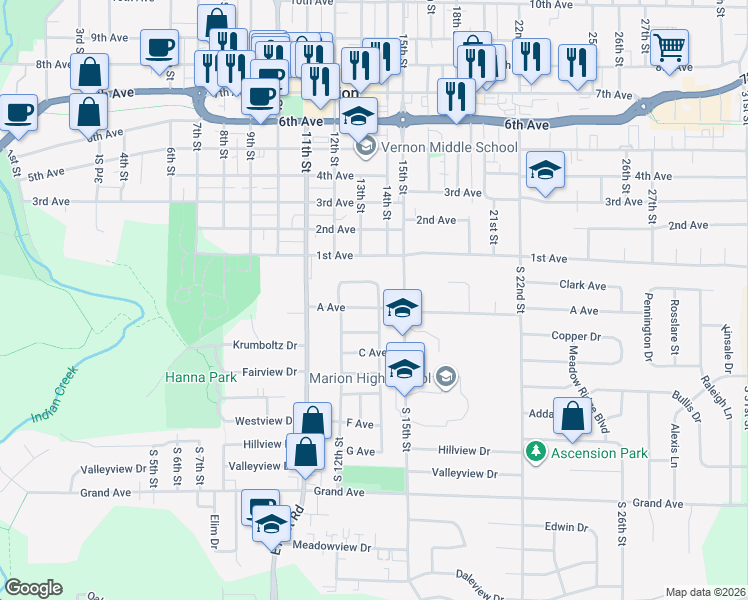 map of restaurants, bars, coffee shops, grocery stores, and more near 1384 Starry Drive in Marion