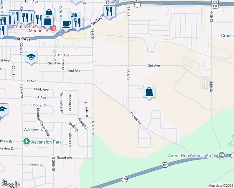 map of restaurants, bars, coffee shops, grocery stores, and more near 3350 Munier Road in Marion