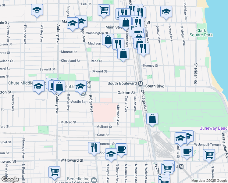 map of restaurants, bars, coffee shops, grocery stores, and more near 501 Sherman Avenue in Evanston