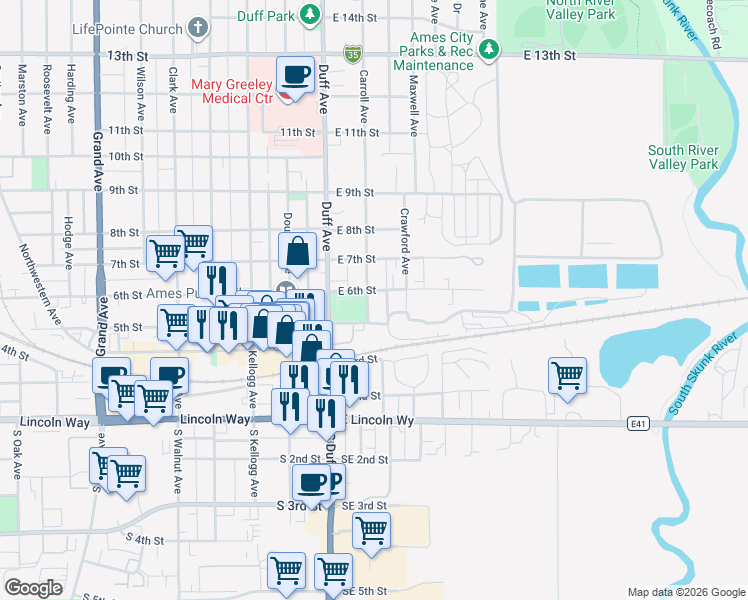 map of restaurants, bars, coffee shops, grocery stores, and more near 601 Carroll Avenue in Ames
