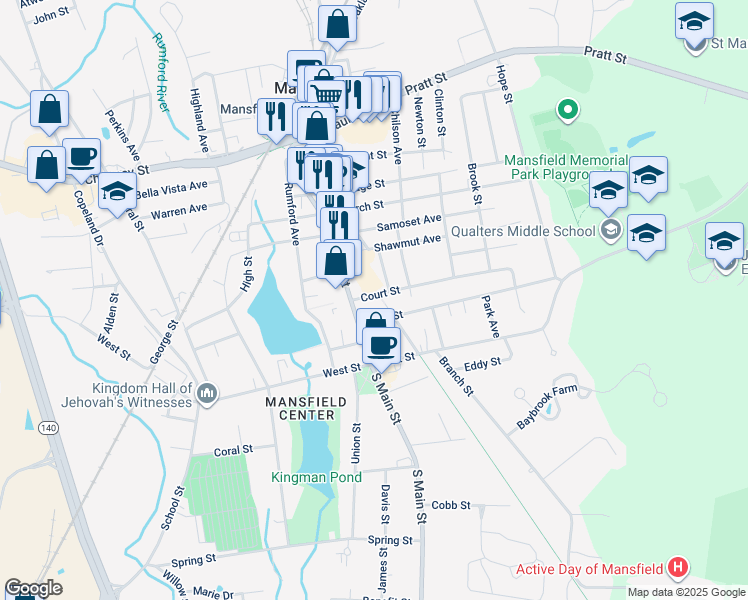 map of restaurants, bars, coffee shops, grocery stores, and more near 89 North Main Street in Mansfield
