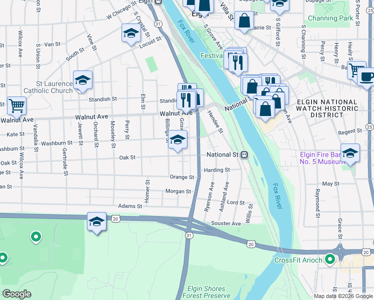 map of restaurants, bars, coffee shops, grocery stores, and more near 359 Griswold Street in Elgin