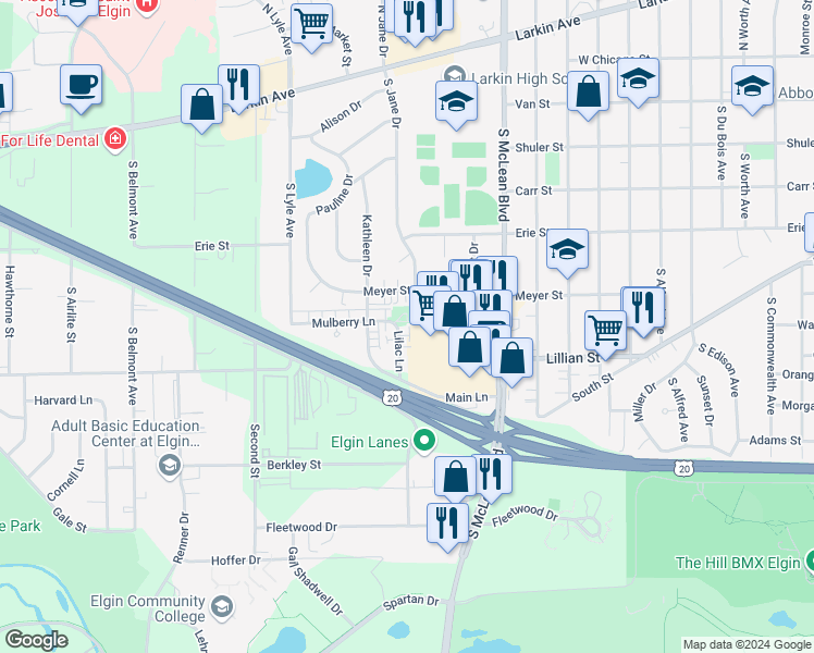 map of restaurants, bars, coffee shops, grocery stores, and more near 1540 Mulberry Lane in Elgin