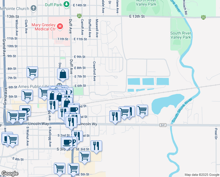 map of restaurants, bars, coffee shops, grocery stores, and more near 422 East 6th Street in Ames