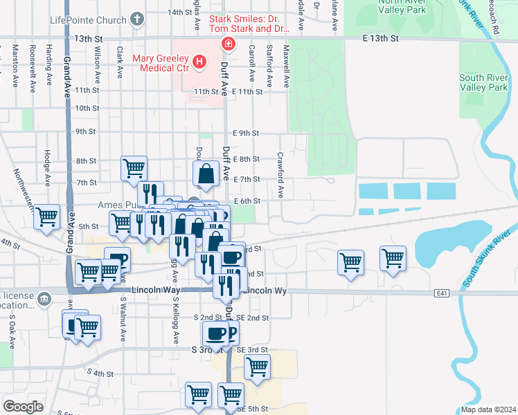 map of restaurants, bars, coffee shops, grocery stores, and more near 601 Carroll Avenue in Ames