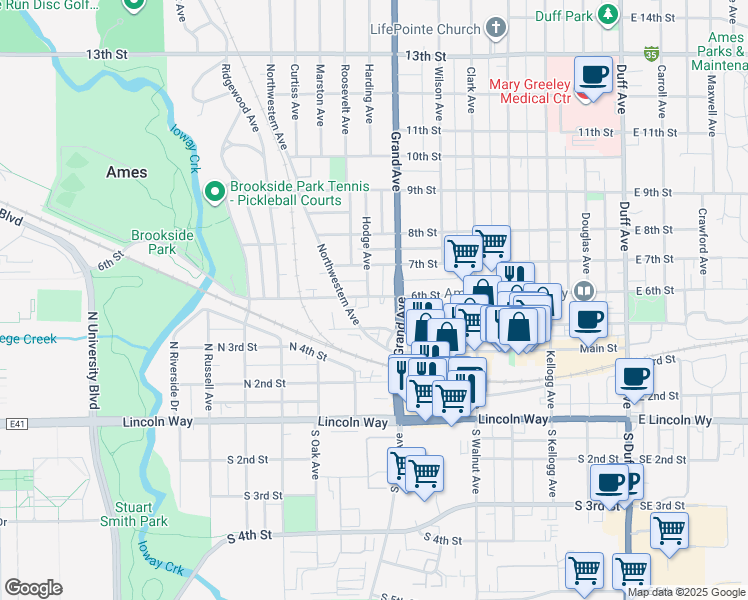map of restaurants, bars, coffee shops, grocery stores, and more near 604 Hodge Avenue in Ames
