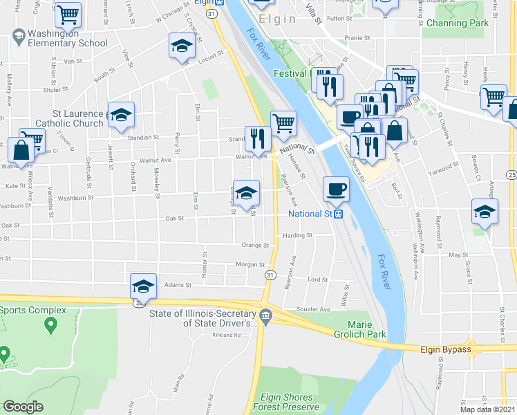 map of restaurants, bars, coffee shops, grocery stores, and more near 359 Griswold Street in Elgin