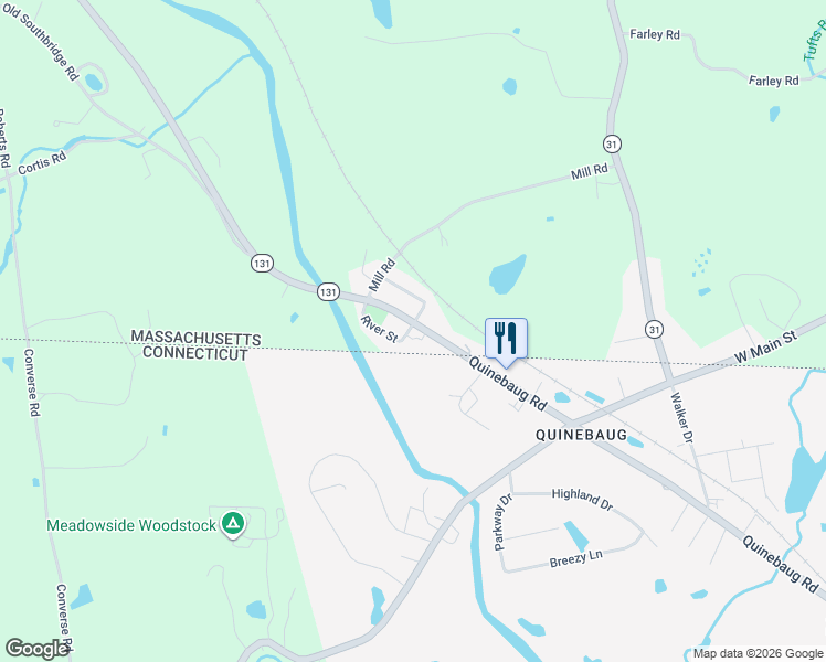 map of restaurants, bars, coffee shops, grocery stores, and more near 31 Quinebaug Road in Dudley
