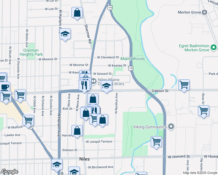 map of restaurants, bars, coffee shops, grocery stores, and more near 6927 West Oakton Court in Niles