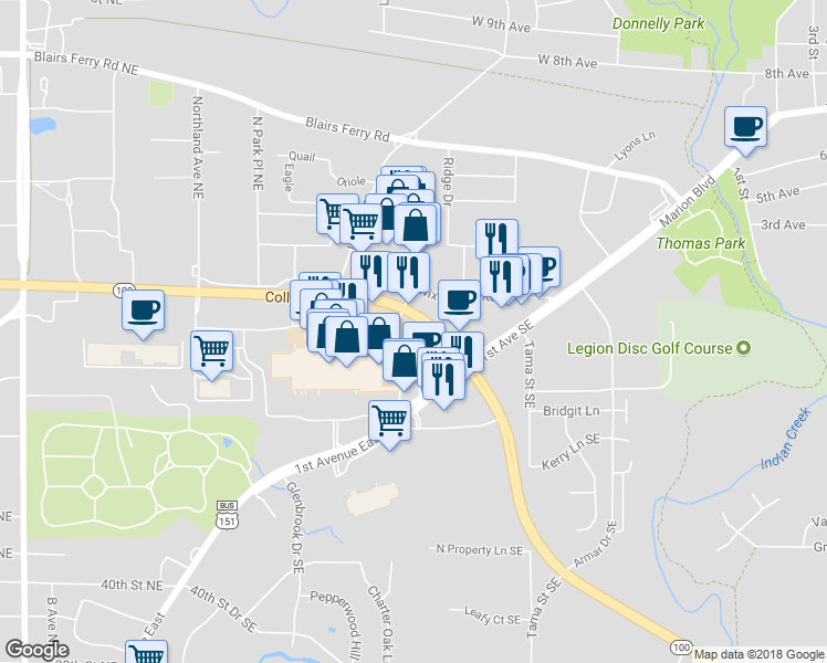 map of restaurants, bars, coffee shops, grocery stores, and more near 151 Collins Road Northeast in Cedar Rapids