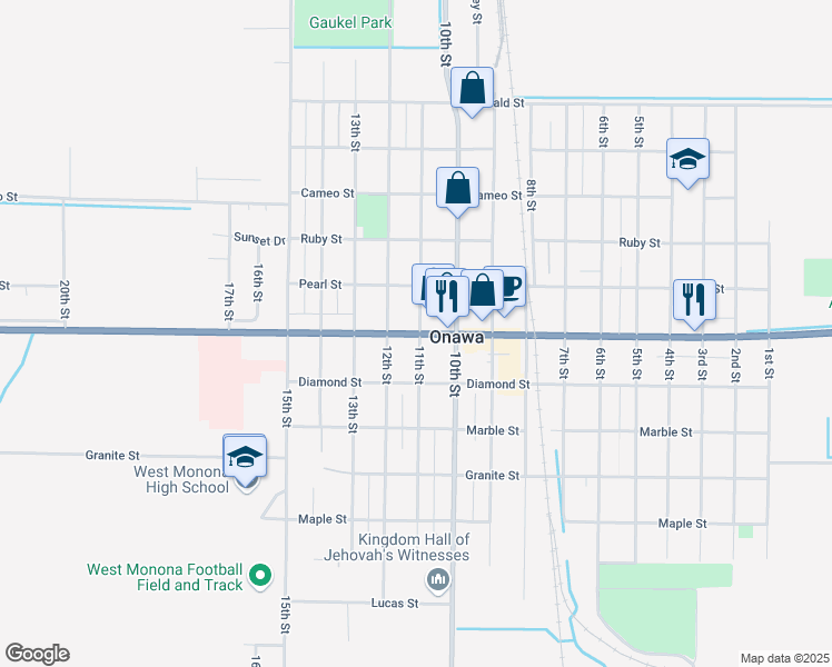 map of restaurants, bars, coffee shops, grocery stores, and more near 1106 Iowa Avenue in Onawa
