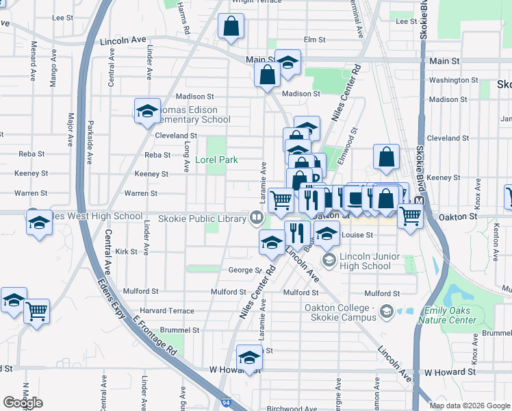 map of restaurants, bars, coffee shops, grocery stores, and more near 5200 Laramie Avenue in Skokie