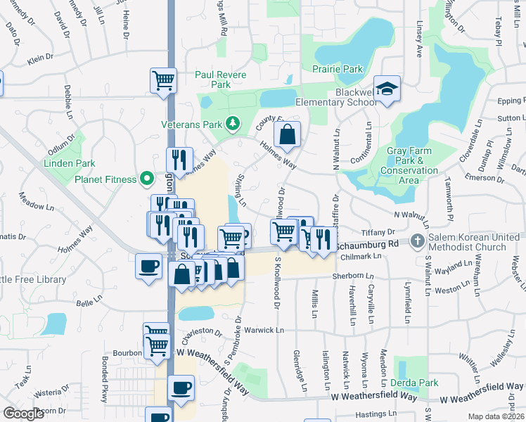 map of restaurants, bars, coffee shops, grocery stores, and more near 111 Thistle Court in Schaumburg
