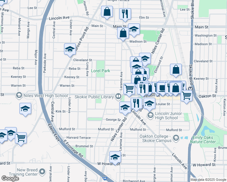 map of restaurants, bars, coffee shops, grocery stores, and more near 5220 Oakton Street in Skokie