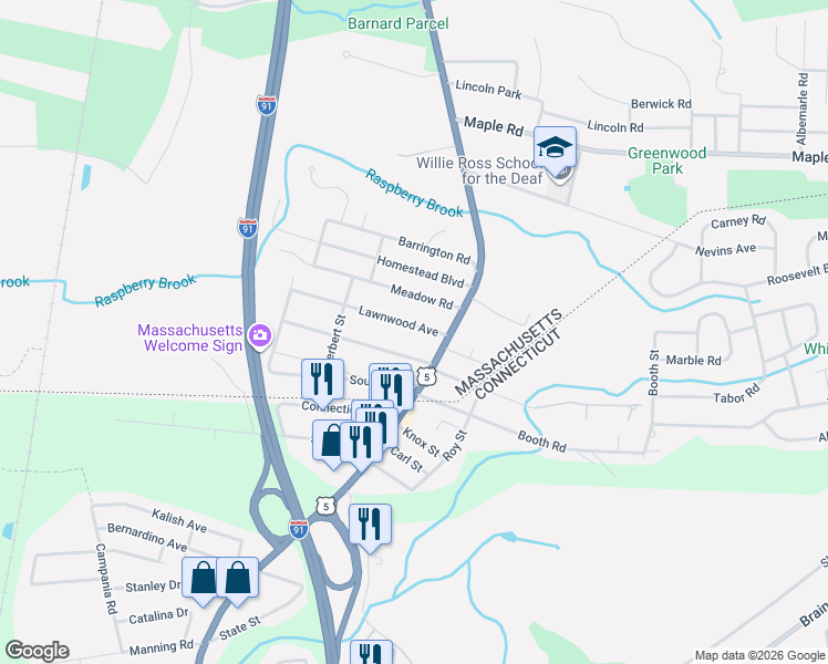 map of restaurants, bars, coffee shops, grocery stores, and more near 26 Lawnwood Avenue in Longmeadow