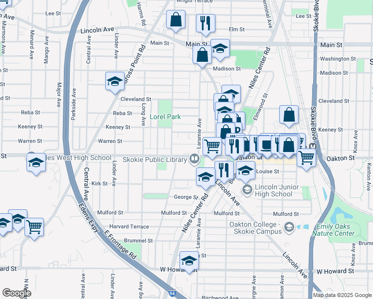 map of restaurants, bars, coffee shops, grocery stores, and more near 5234 Oakton Street in Skokie