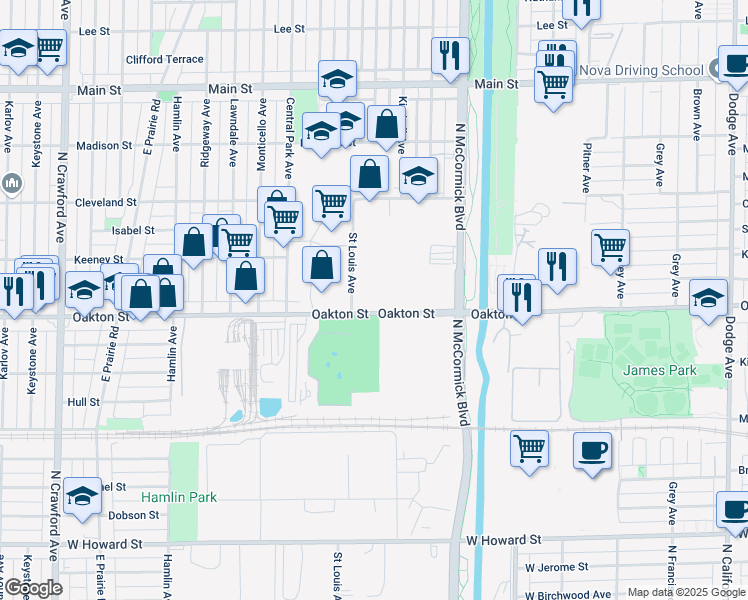 map of restaurants, bars, coffee shops, grocery stores, and more near 3432 Oakton Street in Skokie